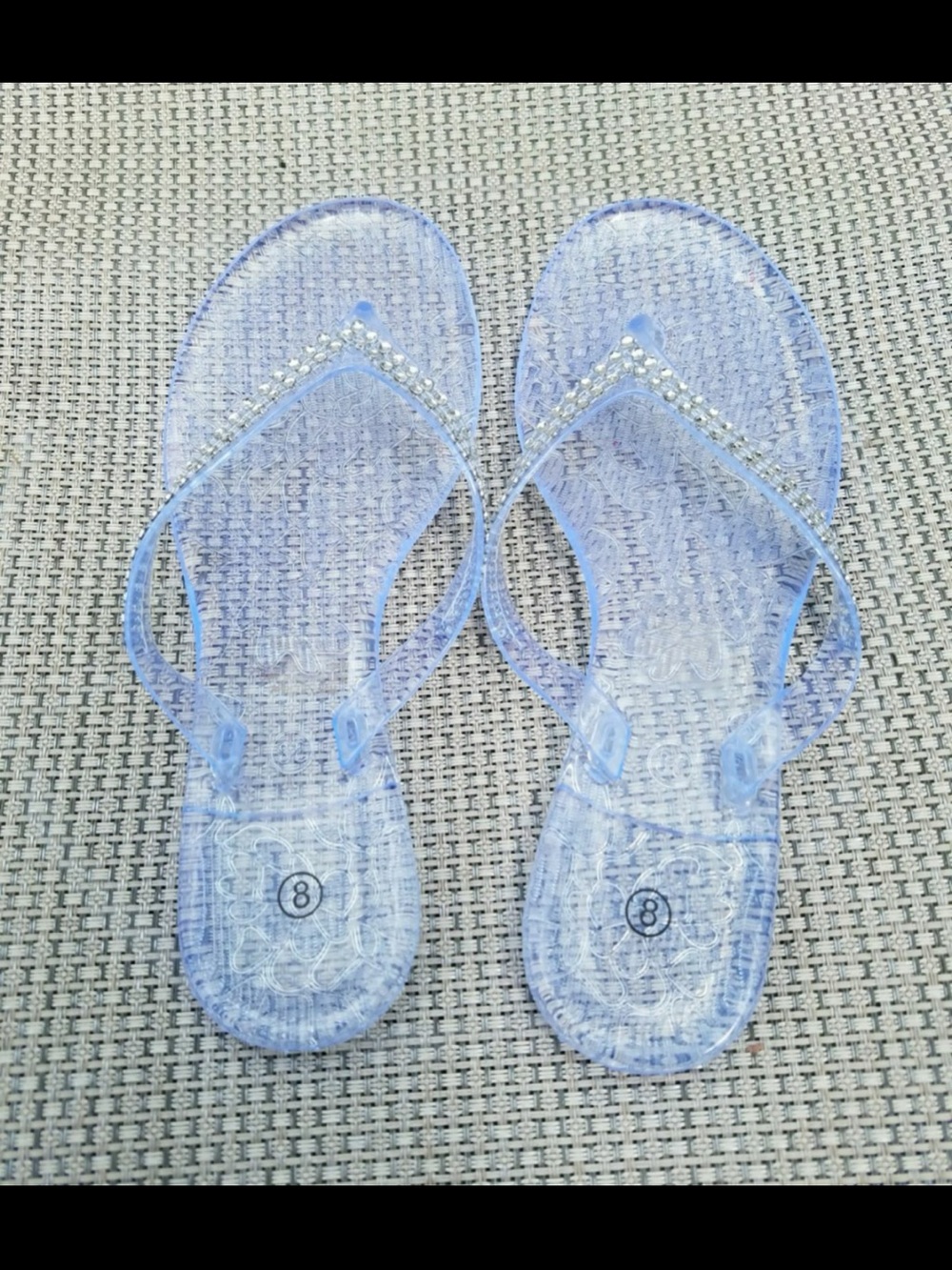 Clear Jelly Rhinestone Flip Flops - Light Blue